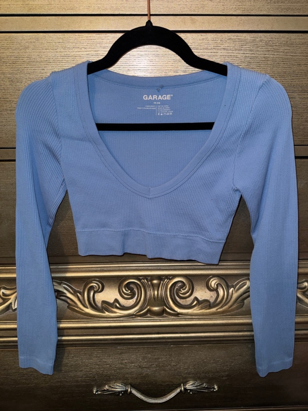Garage Sky Blue Ribbed V-Neck Long Sleeve Crop Top